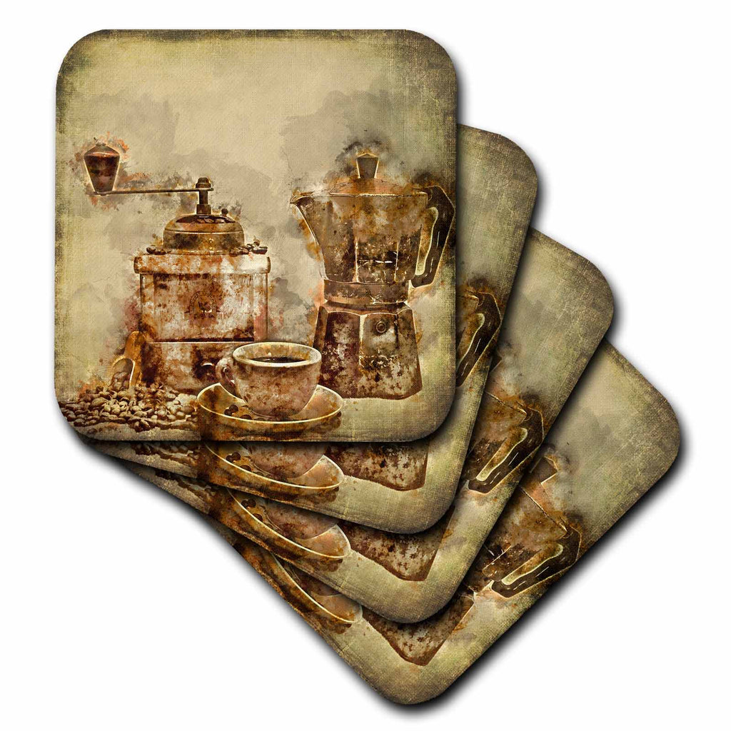 3dRose Andrea Haase Art Illustration - Coffee Grinder and Espresso Watercolor Painting - Coasters
