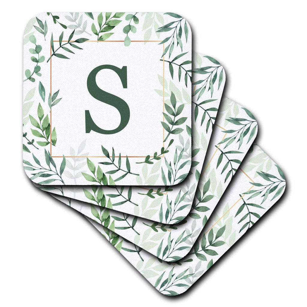 3dRose Monogram Initial Letter S in Green Framed in Leaves and a Gold... - Coasters (CST_337427)
