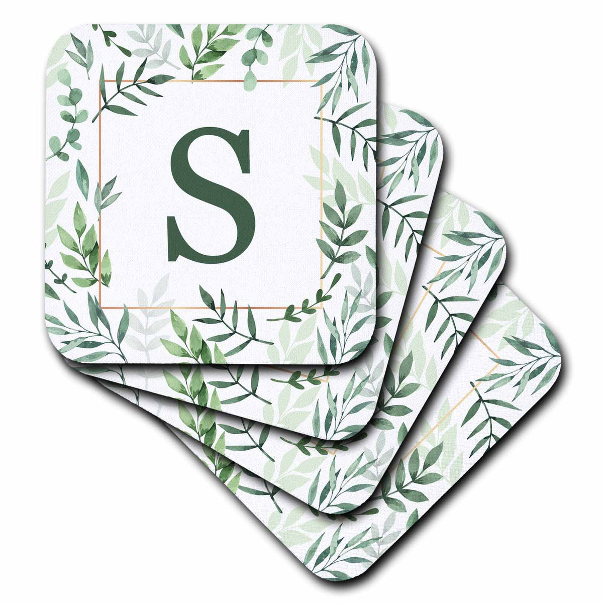 3dRose Monogram Initial Letter S in Green Framed in Leaves and a Gold... - Coasters (CST_337427)