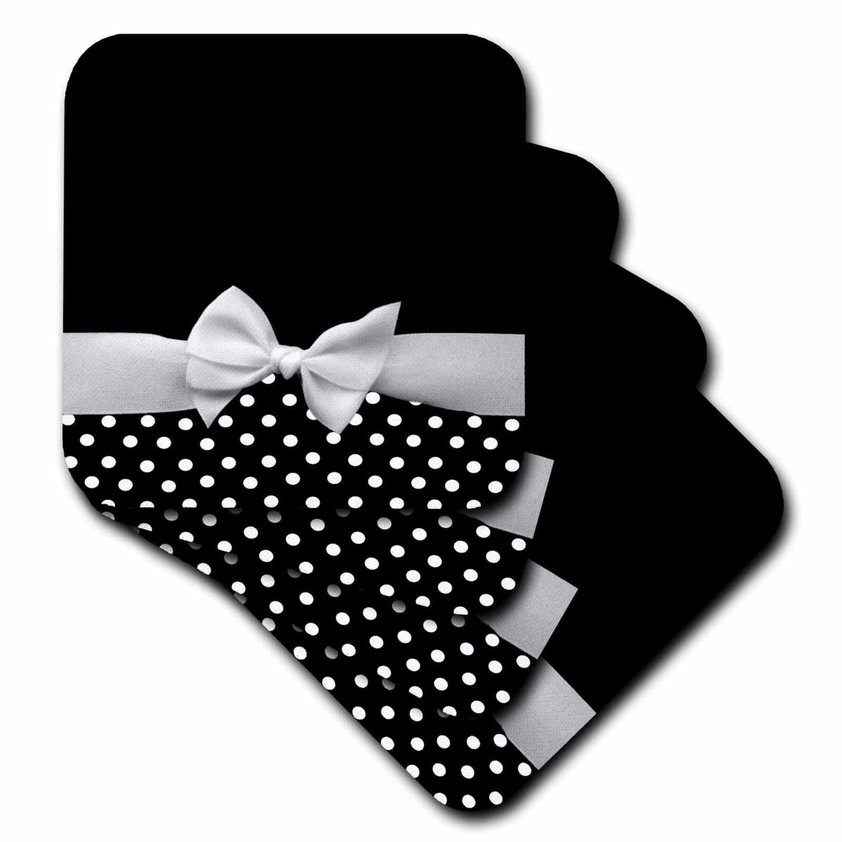 3dRose InspirationzStore Ribbon Designs - Cute fifties style black and white polka dot pattern with elegant sophisticated white ribbon bow - Coasters (cst_56662)