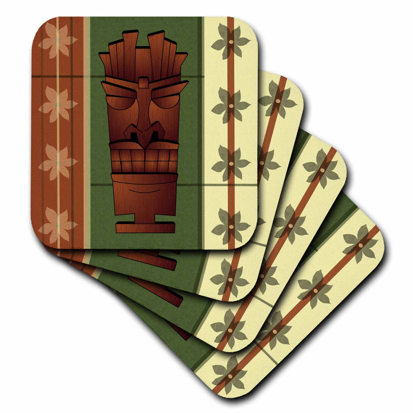 3dRose Janna Salak Designs Tiki Masks - Wood Grain Tropical Tiki Mask - Hawaiian Flowers Green and Cream - Coasters (CST_77490)