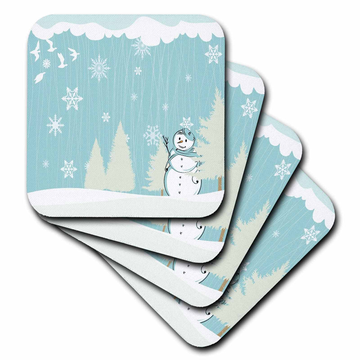 3dRose Anne Marie Baugh Winter - Pretty White Snowman In A White and Blue Winter Scene - Coasters (cst_78506)