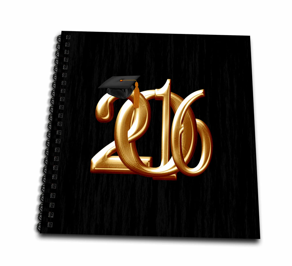 3dRose Beverly Turner Graduation Design - Gold Intertwining 2016 with Black Graduation Cap with Gold Tassel - Drawing Books (db_216706)