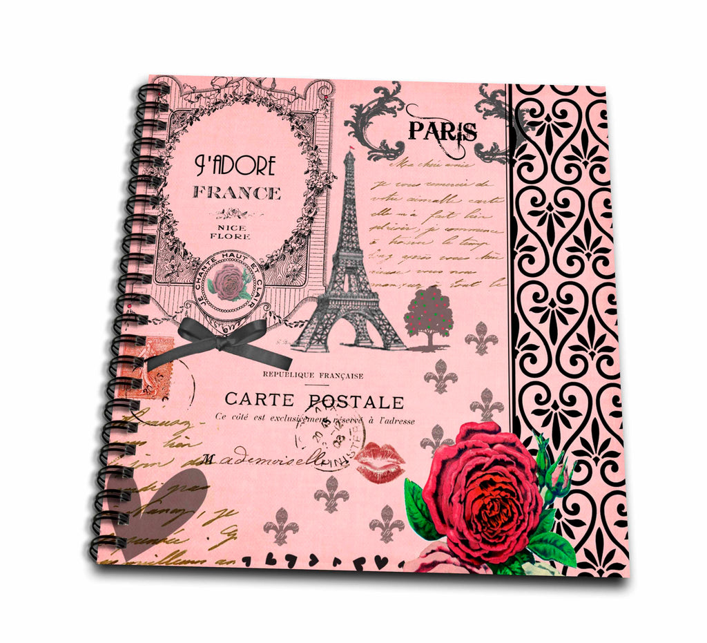 3dRose InspirationzStore Vintage Art - Stylish Vintage Pink Paris Collage Art - Eiffel Tower - Red Rose - Girly Gothic Black Bow and Swirls - Drawing Books (db_76593)