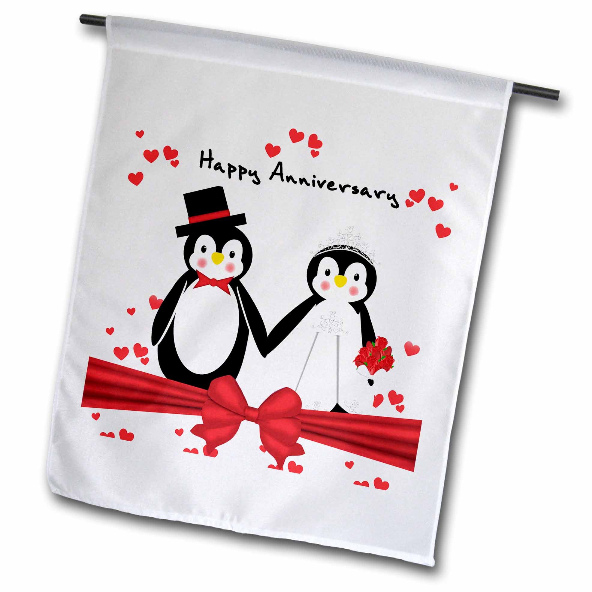 3dRose Charlyn Woodruff - CW Designs Holidays – Anniversary - Red Hearts Happy Anniversary Penguin Wedding Couple - Flags (fl_155255)