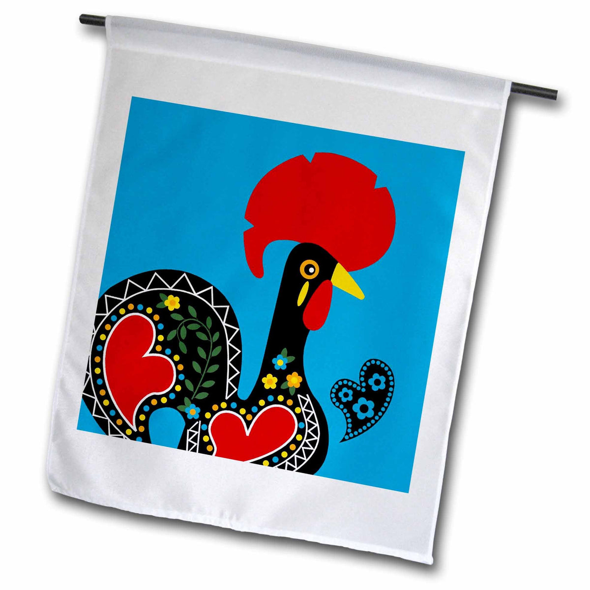 3dRose Belinha Fernandes - The Portuguese Rooster - The Black Portuguese Rooster on a Blue Background with a Heart - Flags (fl_160660)