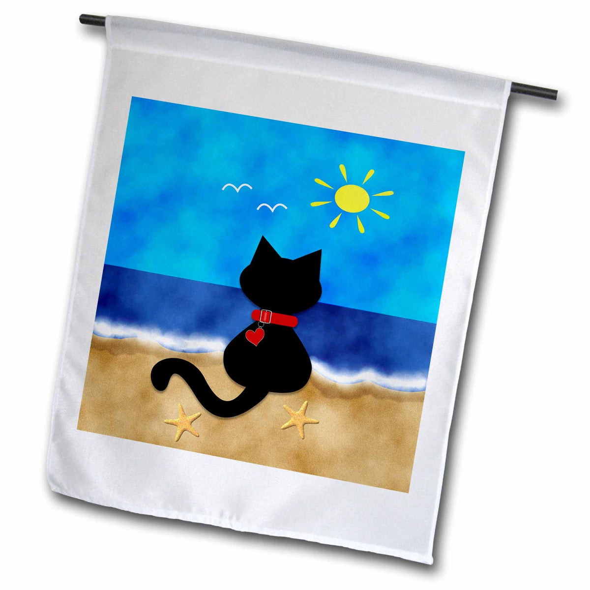 3dRose Charlyn Woodruff - CW Designs Holidays - Summer - Cute Black Kitty Cat Summer Beach Time Fun - Flags (fl_182626)