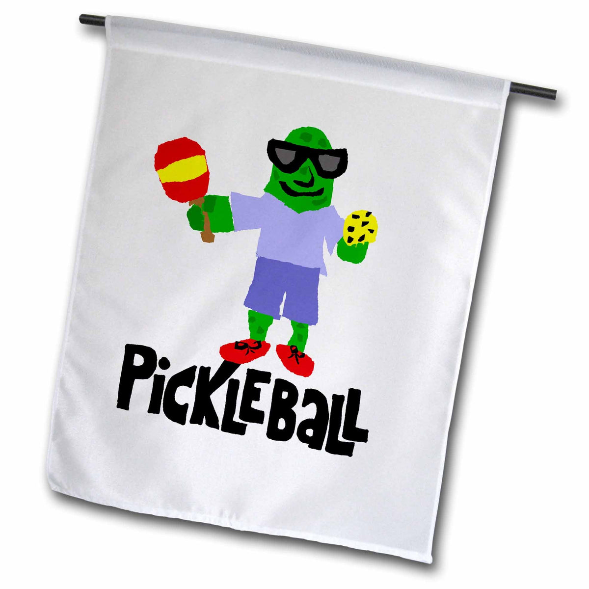 3dRose All Smiles Art Sports and Hobbies - Funny Green Pickle Holding Pickleball Paddle and Ball - Flags (fl_216722)