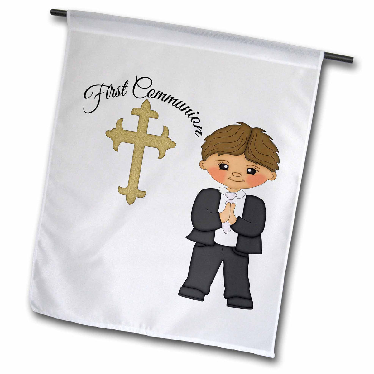 3dRose Anne Marie Baugh - Religious - First Communion Cross With Little Boy Illustration - Flags (fl_222496)