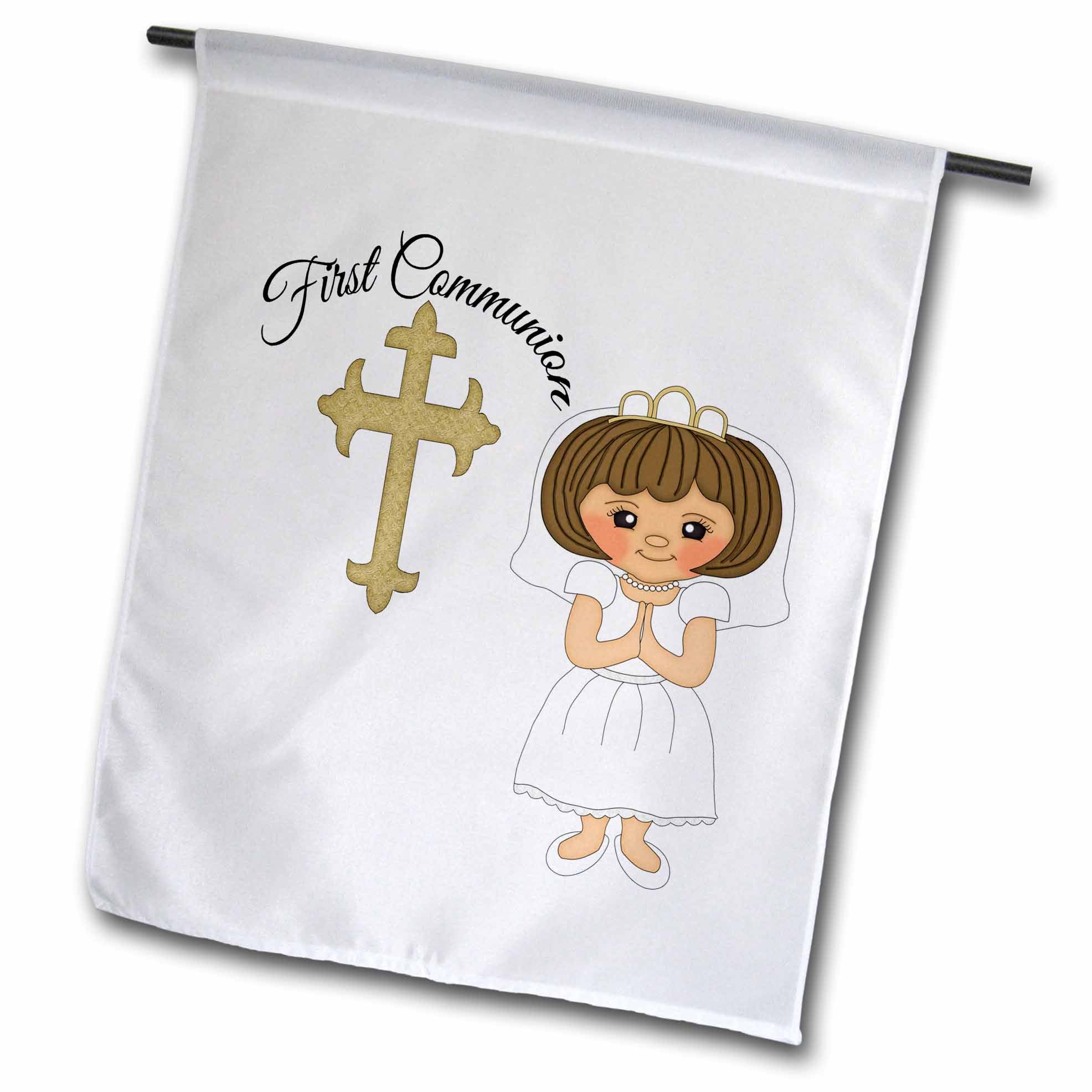 3dRose Anne Marie Baugh - Religious - First Communion Cross with Little Girl Illustration - Flags (fl_222497)