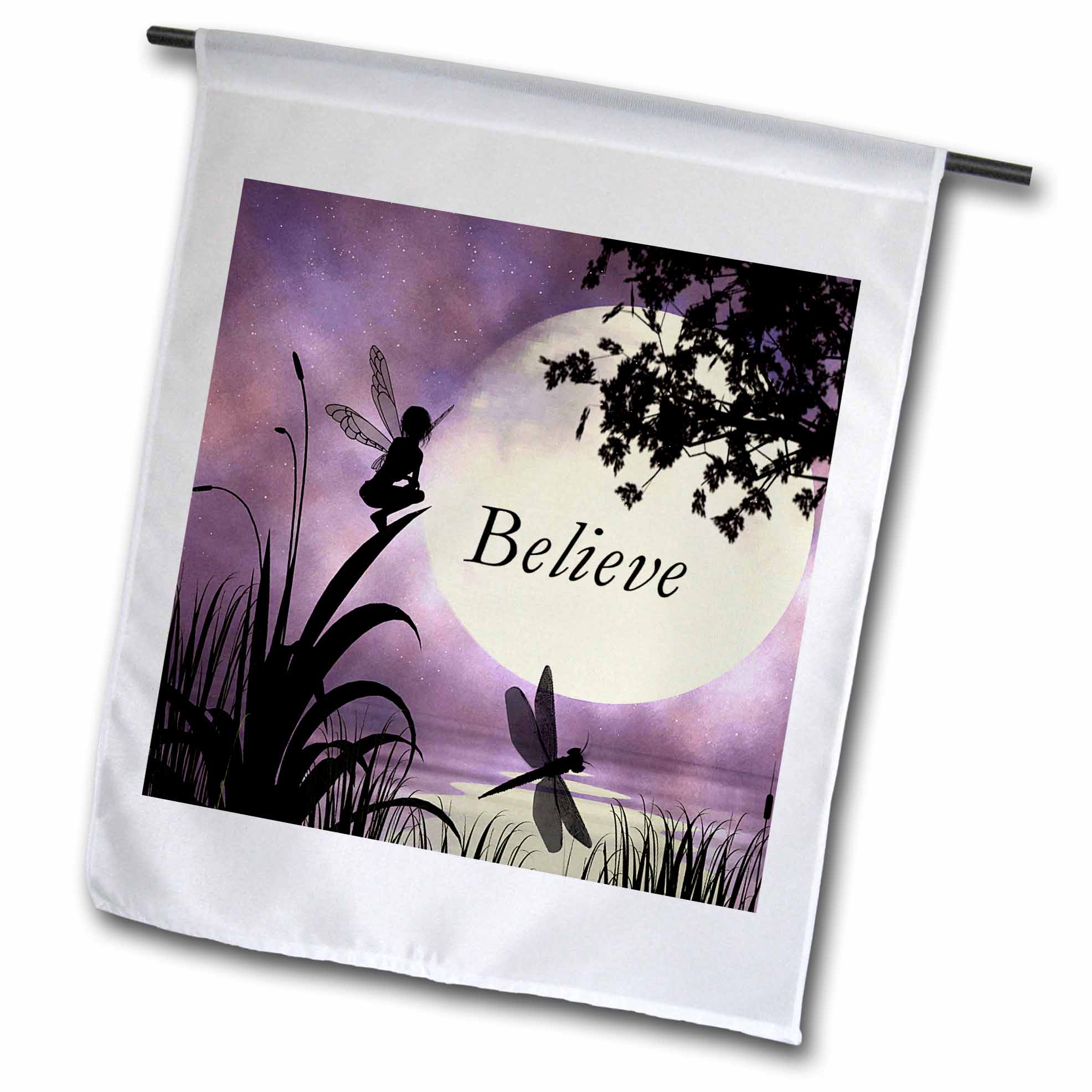 3dRose Renderly Yours Fairies - Believe, Fairy With Dragonflies With Moon And Purple Sky - Flags (fl_35696)