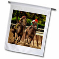 3dRose Roni Chastain Animals - two horses and jockeys racing to finish line, mud flying. - Flags (fl_98373)