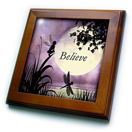3dRose Renderly Yours Fairies - Believe, Fairy with Dragonflies with Moon and Purple Sky - Framed Tiles (ft_35696)