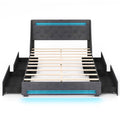Full Size Bed Frame with LED Lights Wingback Headboard and Charging Station-Grey