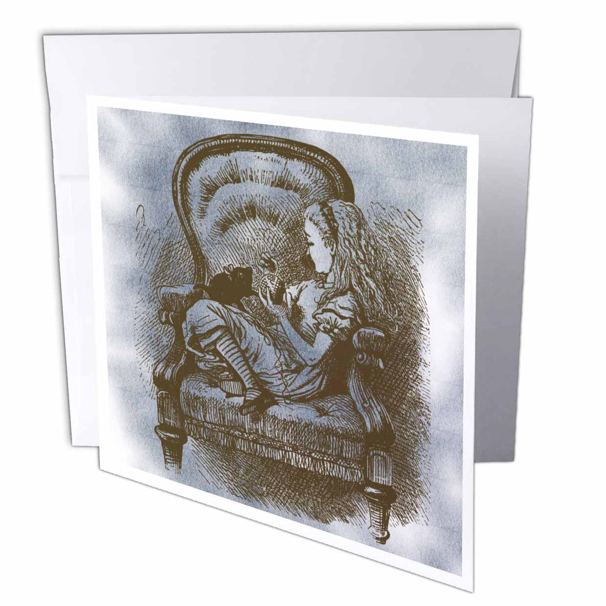 3dRose PS Vintage - Alice in Chair with Cat Alice in Wonderland Vintage - Greeting Cards (gc_110210)