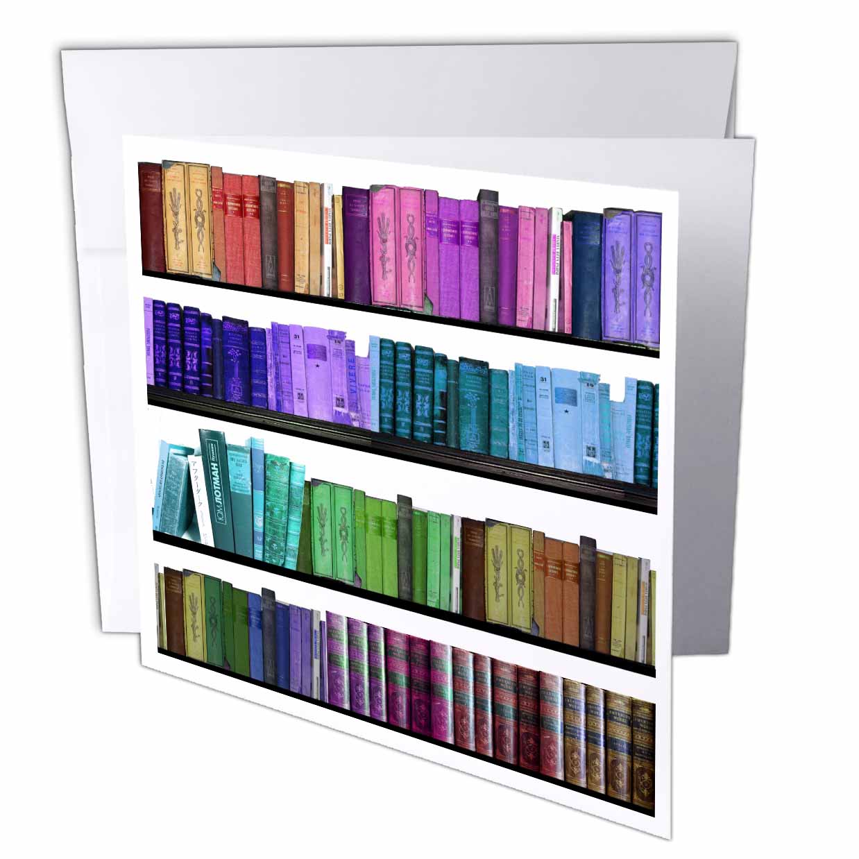 3dRose InspirationzStore Rainbows - Colorful bookshelf books - Rainbow bookshelves - reading book geek library nerd - librarian author - Greeting Cards (gc_112957)