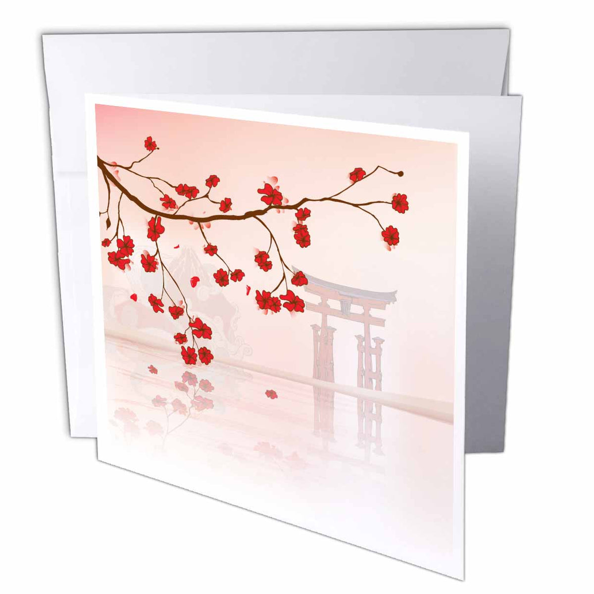 3dRose Dooni Designs Oriental Inspired Designs - Beautiful Japanese Sakura Red Cherry Blossoms Branching Reflecting Over Water - Greeting Cards (gc_116168)
