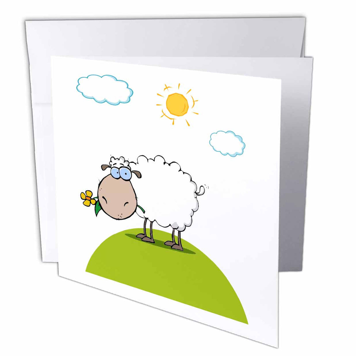 3dRose Dooni Designs More Random Cartoon Designs - Silly Sheep On A Hill With A Flower Funny Animal Cartoon - Greeting Cards (gc_118819)