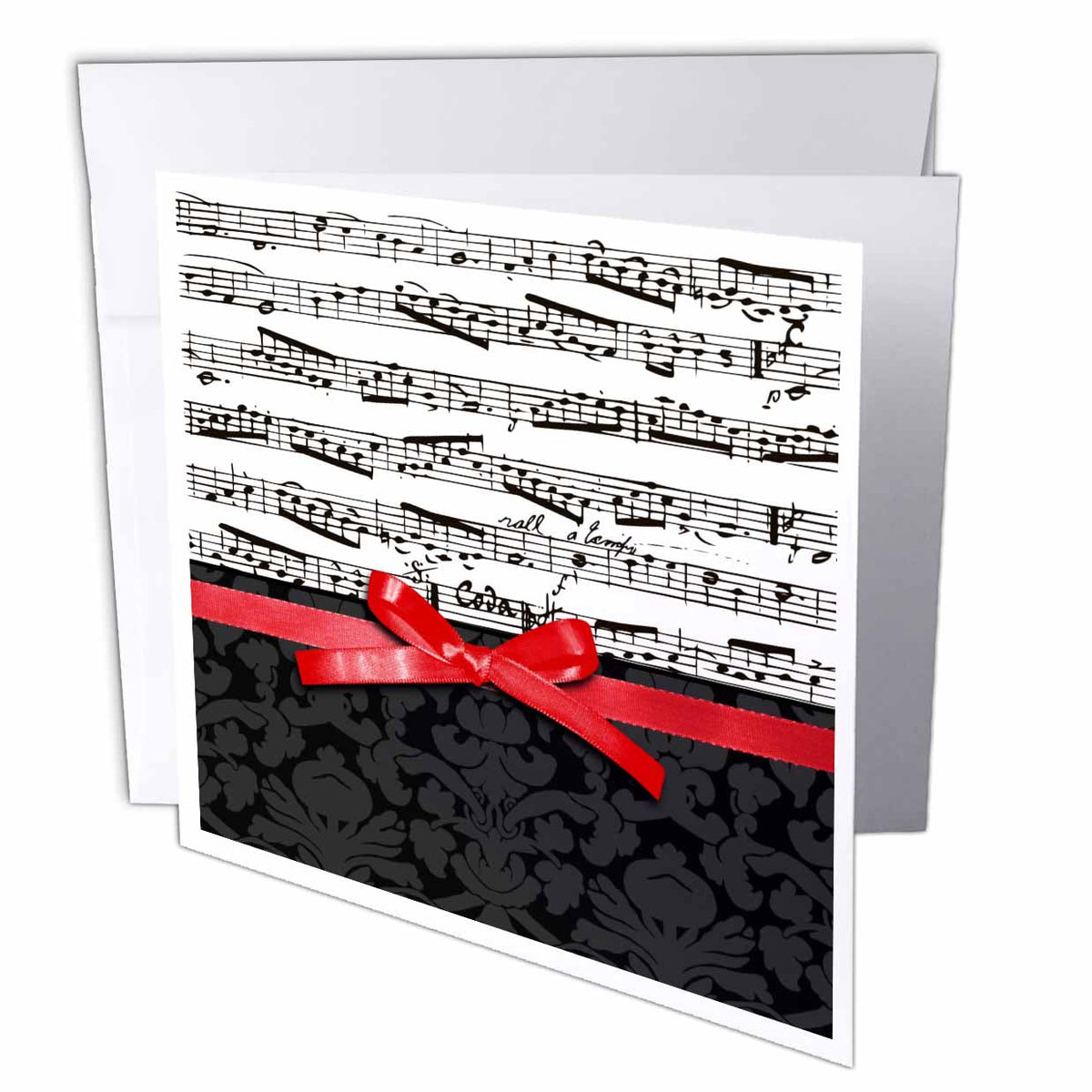 3dRose InspirationzStore Music Art Designs - Black and white musical notes with 2D red ribbon bow graphic - piano sheet music - musician gifts - Greeting Cards (gc_120275)