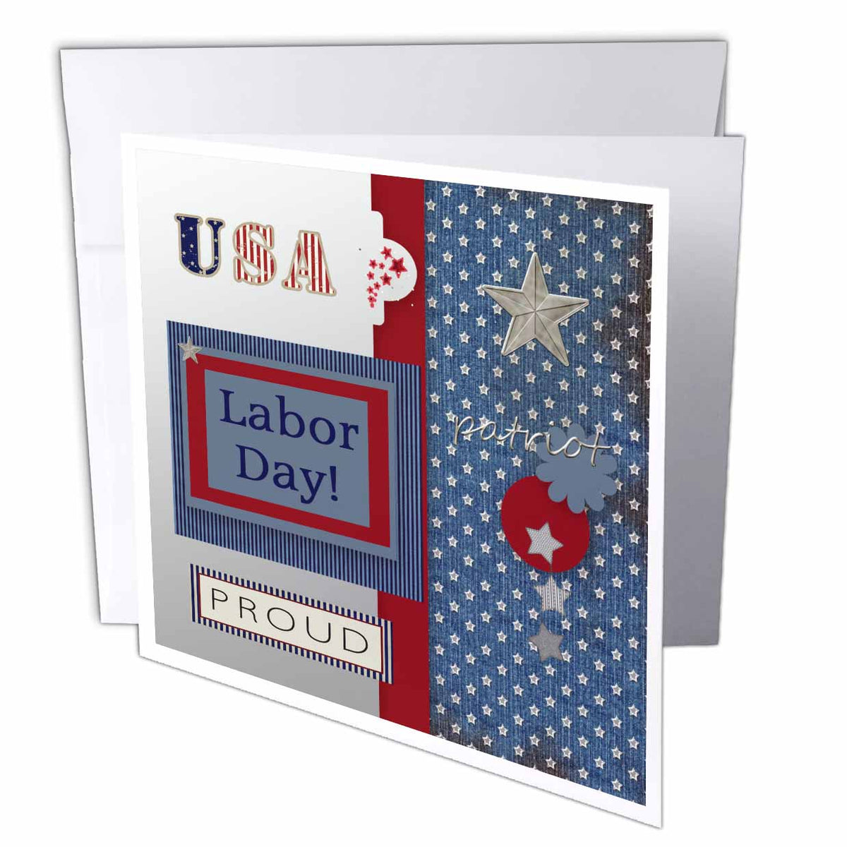 3dRose Beverly Turner Labor Day Design - Patriotic Stars and Words in Blue, Silver, White and Red, Labor Day - Greeting Cards (gc_130962)