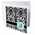 3dRose InspirationzStore Monograms - Letter J personal monogrammed mint blue black and white damask pattern - classy personalized initial - Greeting Cards (gc_154359)