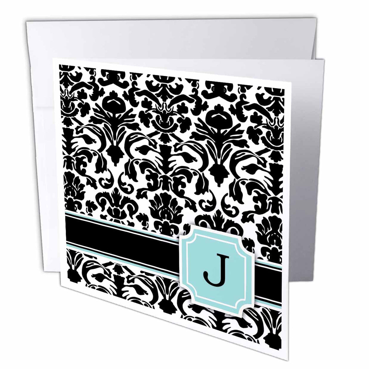 3dRose InspirationzStore Monograms - Letter J personal monogrammed mint blue black and white damask pattern - classy personalized initial - Greeting Cards (gc_154359)
