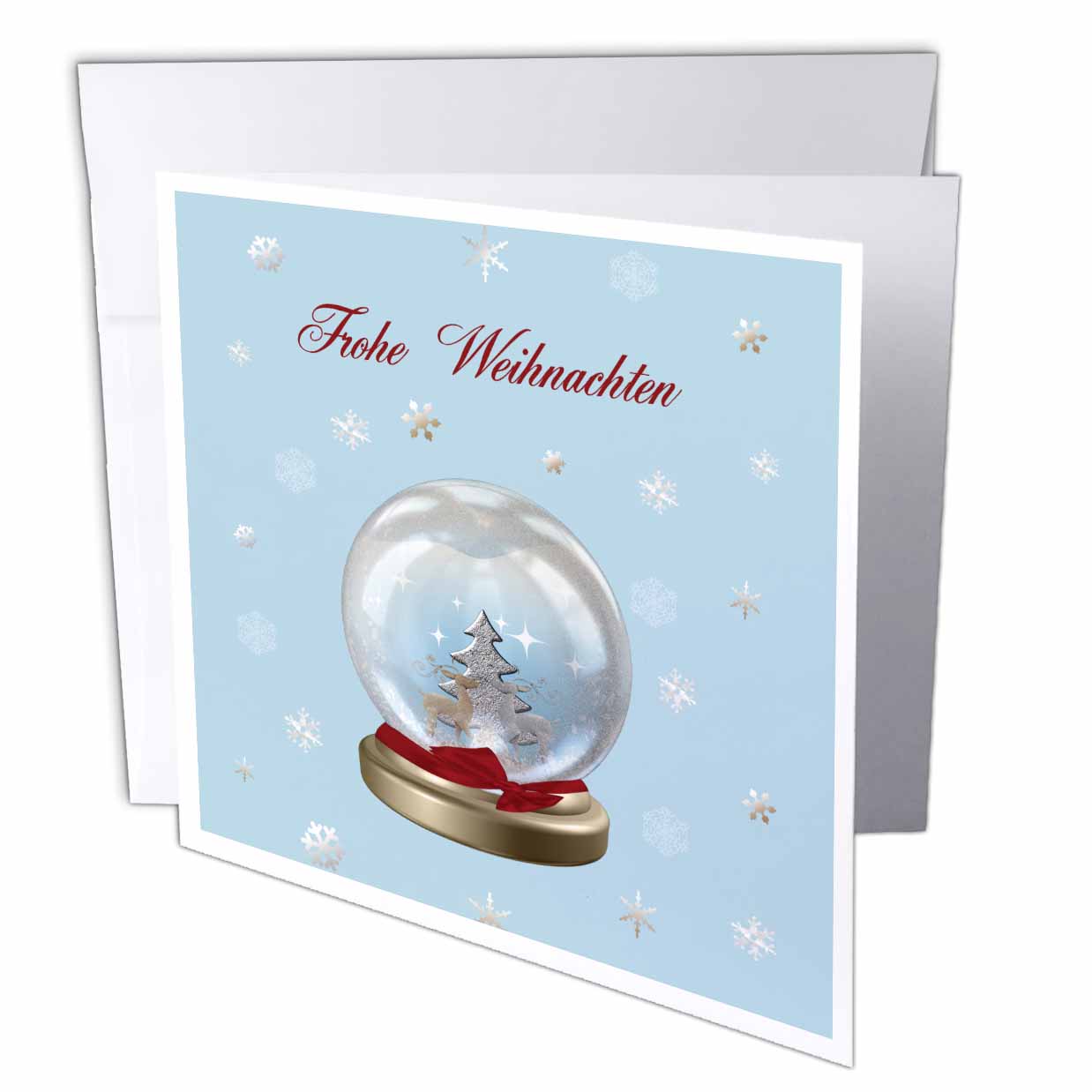 3dRose Beverly Turner Christmas Other Languages - Snow Globe Deer, Tree and Snowflakes, Merry Christmas in German - Greeting Cards (gc_160029)