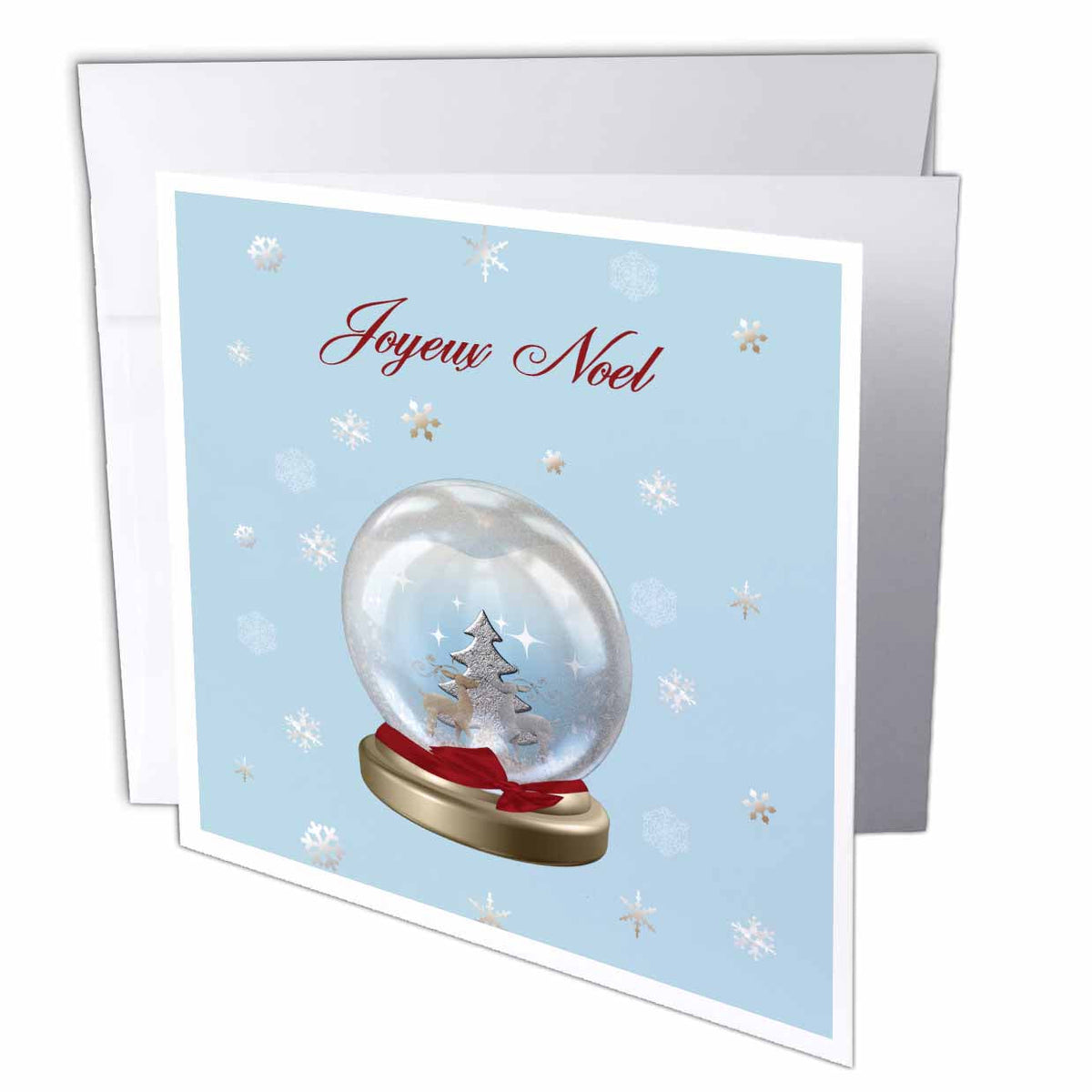 3dRose Beverly Turner Christmas Other Languages - Snow Globe Deer, Tree and Snowflakes, Merry Christmas in French - Greeting Cards (gc_160045)