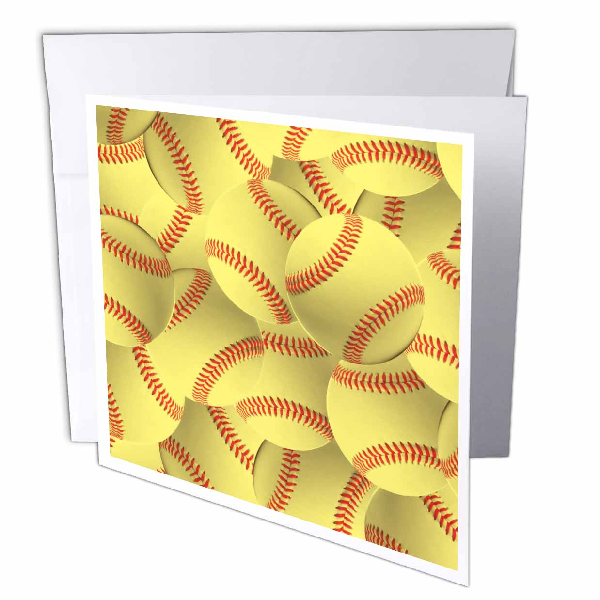3dRose InspirationzStore Sports - Softball pattern - yellow red stitched balls - Soft ball sport - sporty - sporting game - team jock - Greeting Cards (gc_161324)