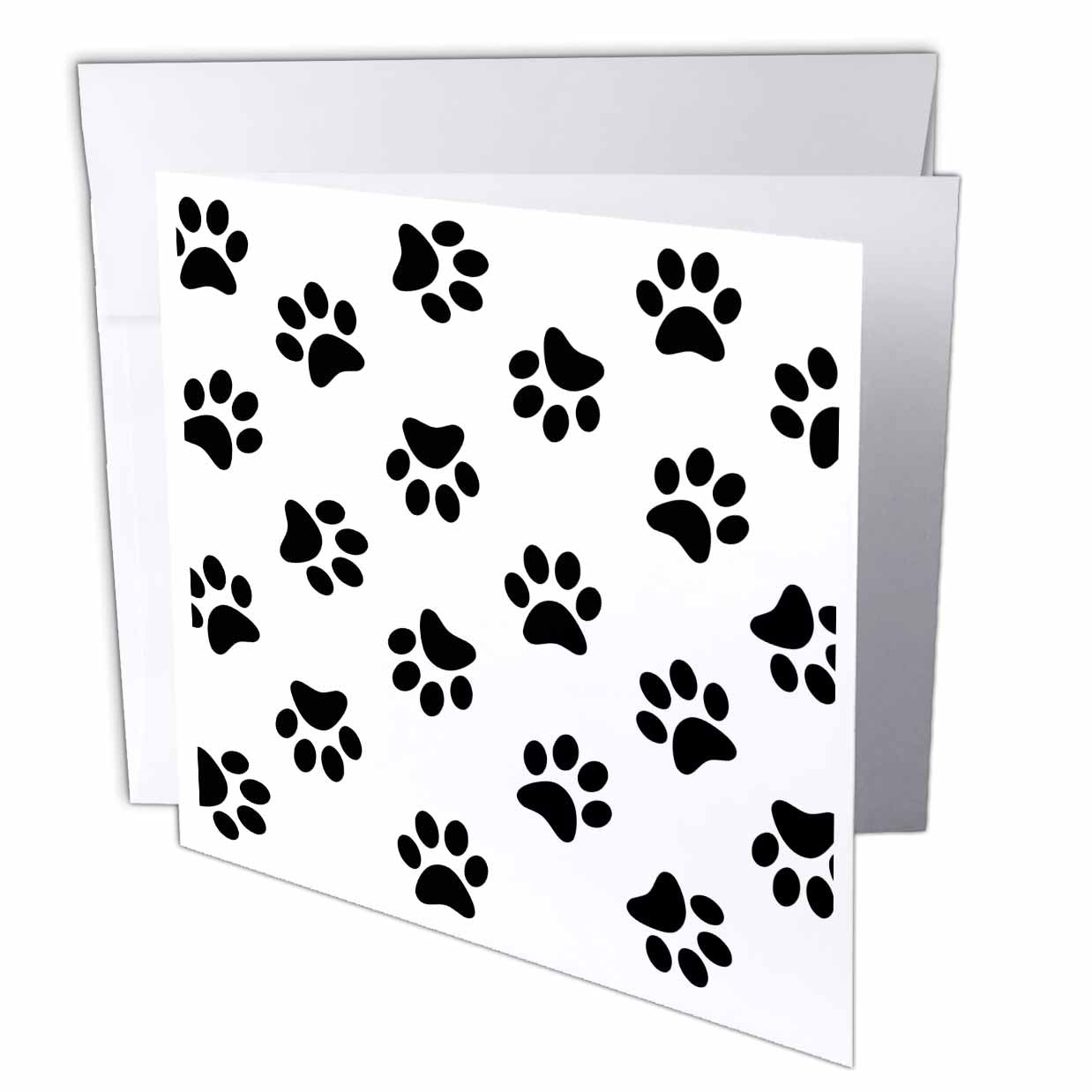 3dRose InspirationzStore Pet Designs - Paw Print Pattern - Black Pawprints on White - Cute Cartoon Animal eg Dog or cat Footprints - Greeting Cards (gc_161521)