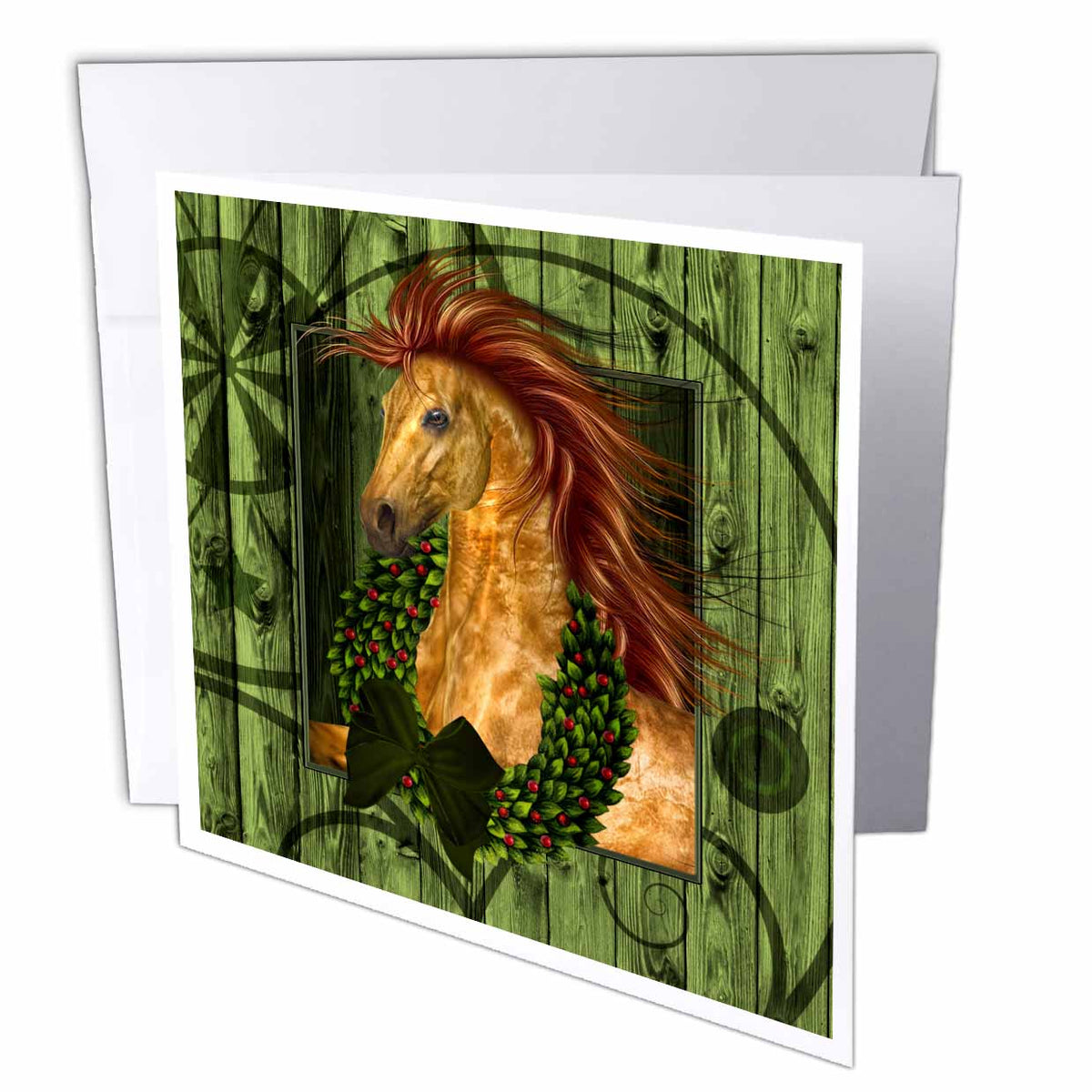 3dRose Doreen Erhardt Christmas Collection - Western Christmas Horse with Wreath and Barn Wood - Greeting Cards (gc_164738)