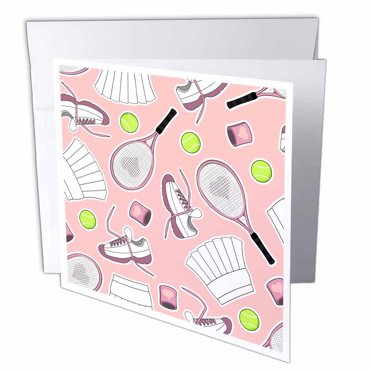 3dRose Janna Salak Designs Sports - Cute Tennis Pattern Pink - Greeting Cards (gc_172135)