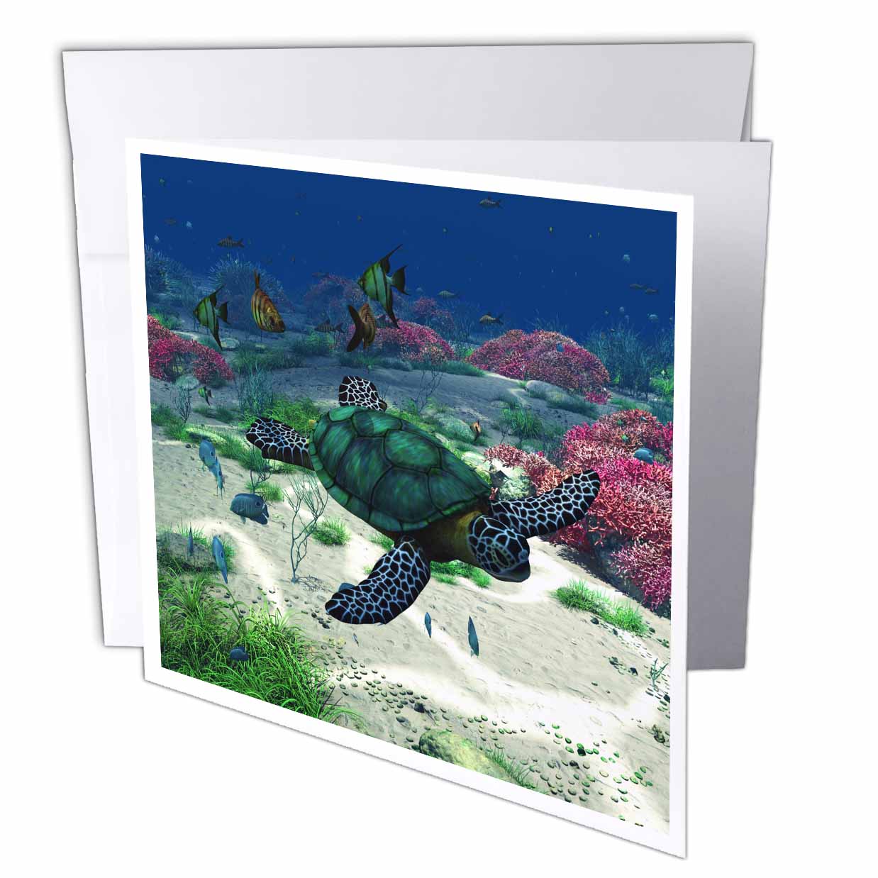 3dRose Simone Gatterwe Designs Sea Life - Sea turtle swims through the ocean with tropic fishes corals and more - Greeting Cards (gc_172910)