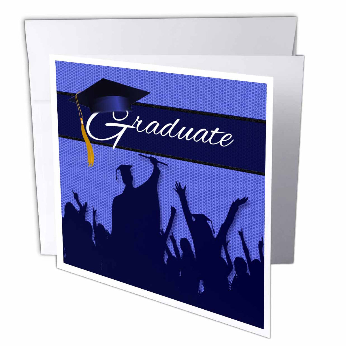3dRose Doreen Erhardt Graduation Collection - Blue and Black Graduation with Cheering Crowd of Graduates. - Greeting Cards (gc_173225)