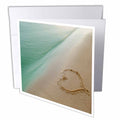 3dRose Island Swag Designs Love Theme - Heart Shape Symbolizing Love, Heart Carved in Sand on the Beach - Greeting Cards (gc_173299)