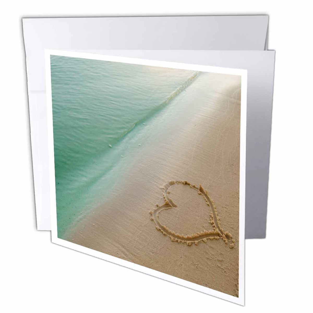 3dRose Island Swag Designs Love Theme - Heart Shape Symbolizing Love, Heart Carved in Sand on the Beach - Greeting Cards (gc_173299)