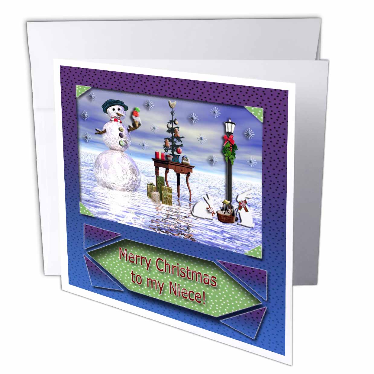 Beverly Turner Christmas Design - Snowman with Bunny Friends 3d Merry Christmas to Niece - Greeting Cards