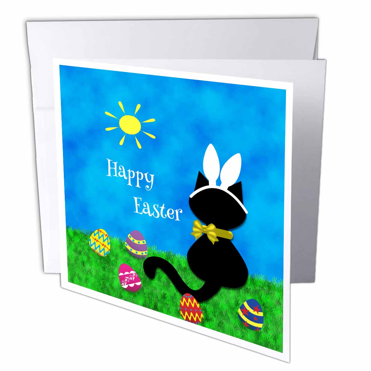 3dRose Charlyn Woodruff - CW Designs Holidays - Easter - Cute Black Cat Happy Easter - Greeting Cards (gc_180667)