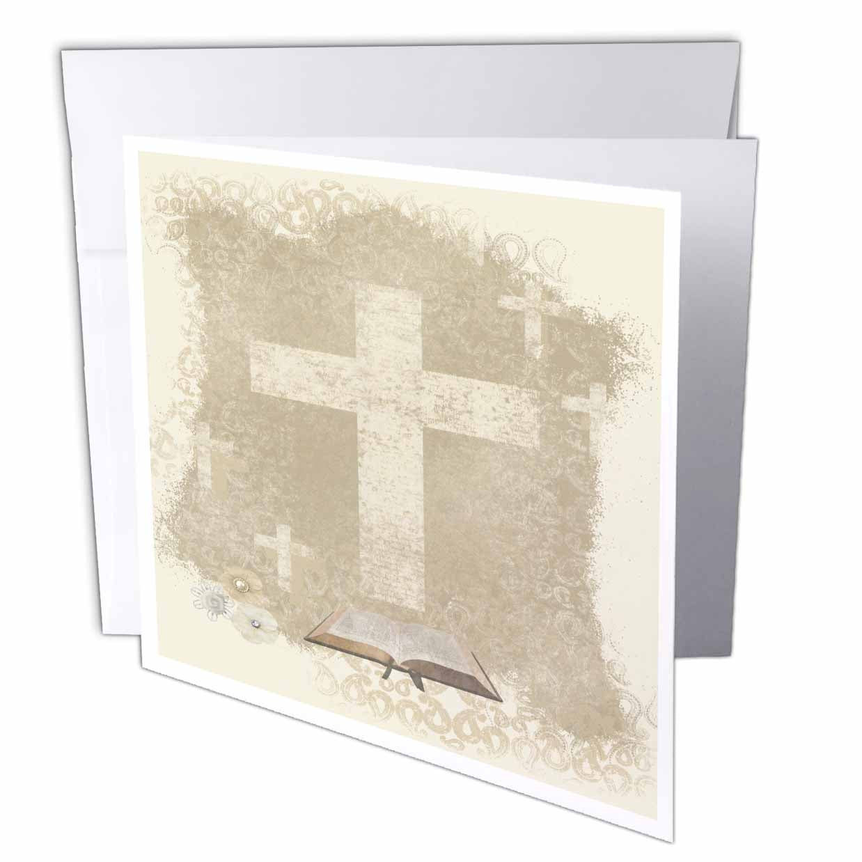3dRose Beverly Turner Religious Design - Crosses with Open Bible, Sepia - Greeting Cards (gc_180922)