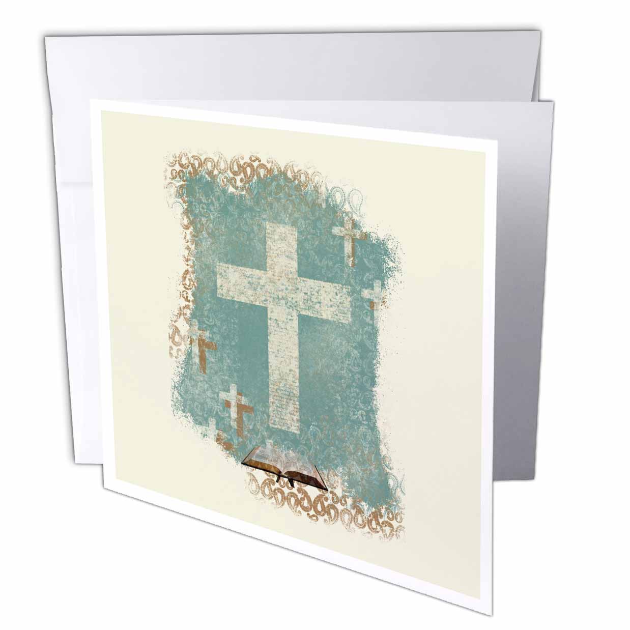 3dRose Beverly Turner Religious Design - Crosses with Open Bible, Pastel Green, Sepia, and Cream - Greeting Cards (gc_180927)