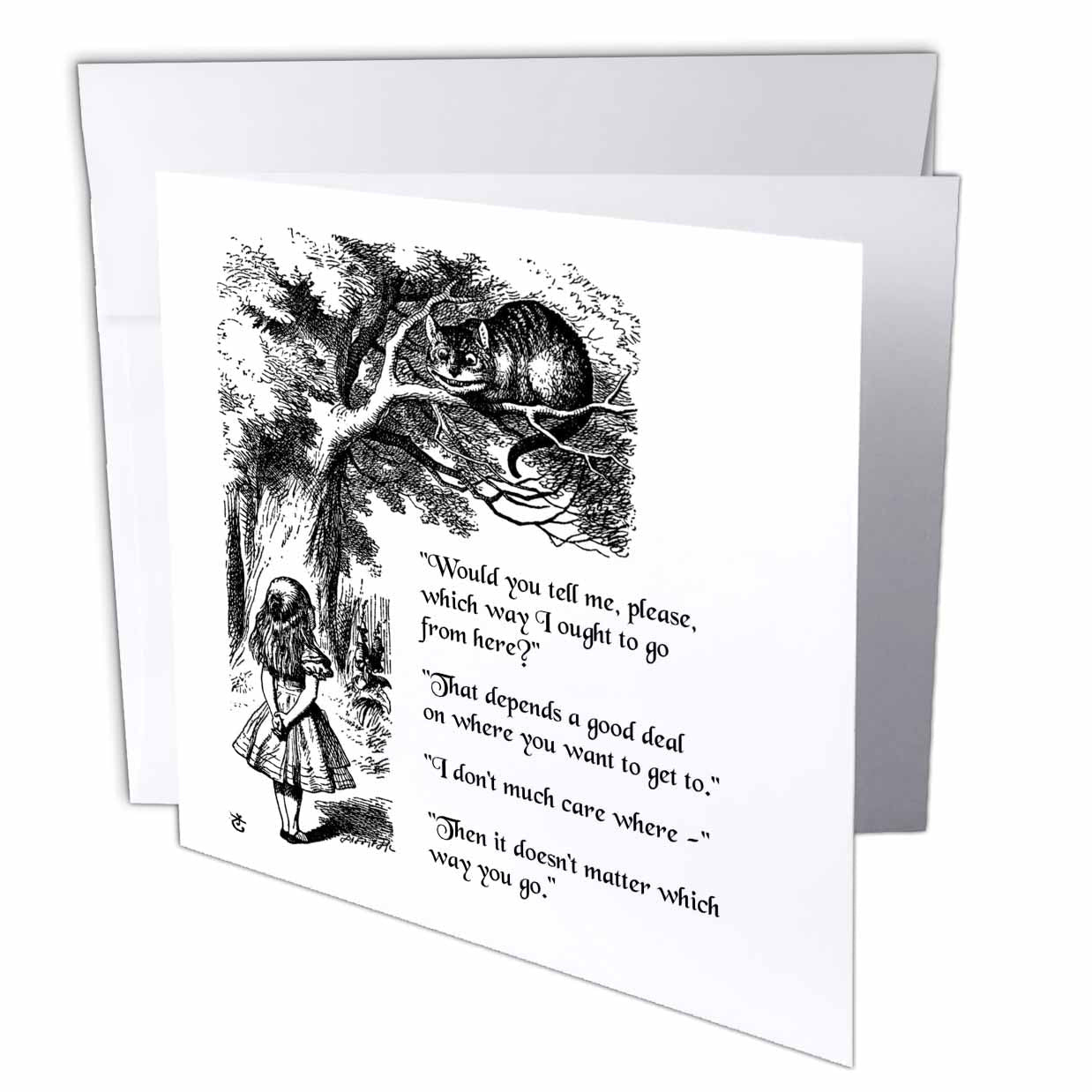 3dRose InspirationzStore Vintage Art - Which way ought I go from here Chesire cat - Alice in Wonderland quote - Greeting Cards (gc_193784)