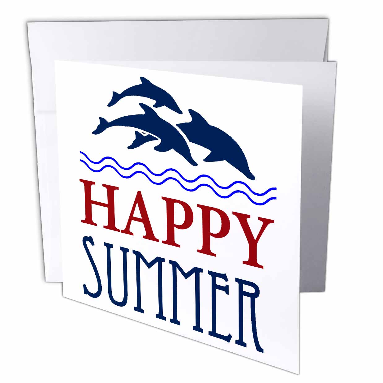 3dRose Anne Marie Baugh - Summer - Blue Swimming Dolphins With The Words Happy Summer - Greeting Cards (gc_213853)