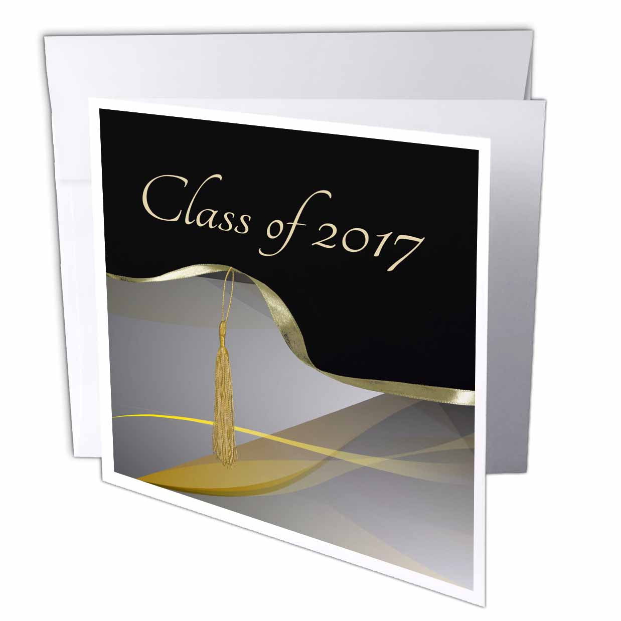 3dRose Beverly Turner Graduation Design - Class of 2017, Tassel on Ribbon on Beautiful Abstract, Gold and Gray - Greeting Cards (gc_234574)