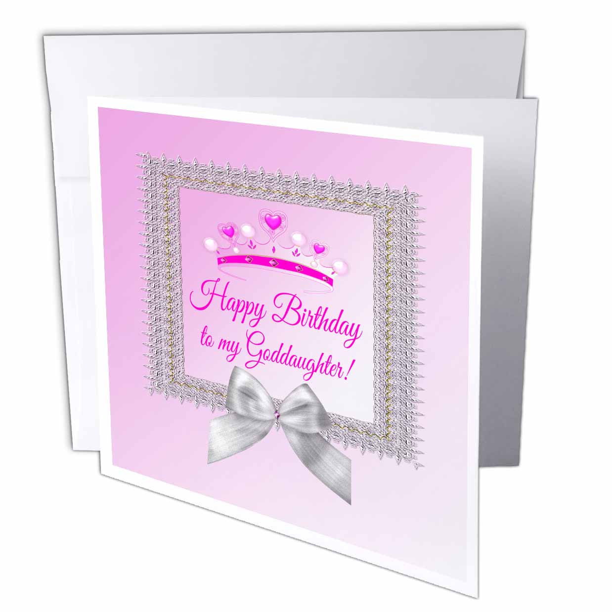 Beverly Turner Birthday Design - Princess Crown Silver Frame, Bow, Happy Birthday, Goddaughter, Pink - Greeting Cards