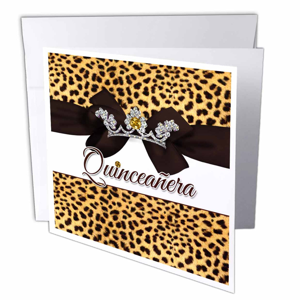 Doreen Erhardt Birthday Collection - Quinceanera Cheetah Print with Ribbon, Bow and Digital Bling - Greeting Cards