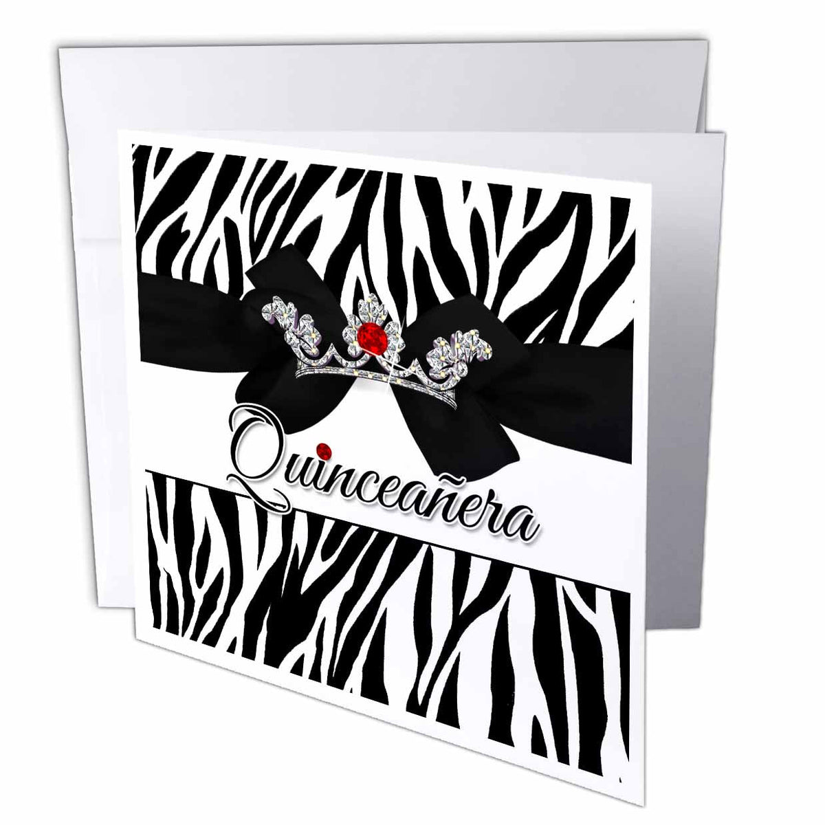 Doreen Erhardt Birthday Collection - Quinceanera Zebra Print with Red and Silver Crown Digital Bling - Greeting Cards
