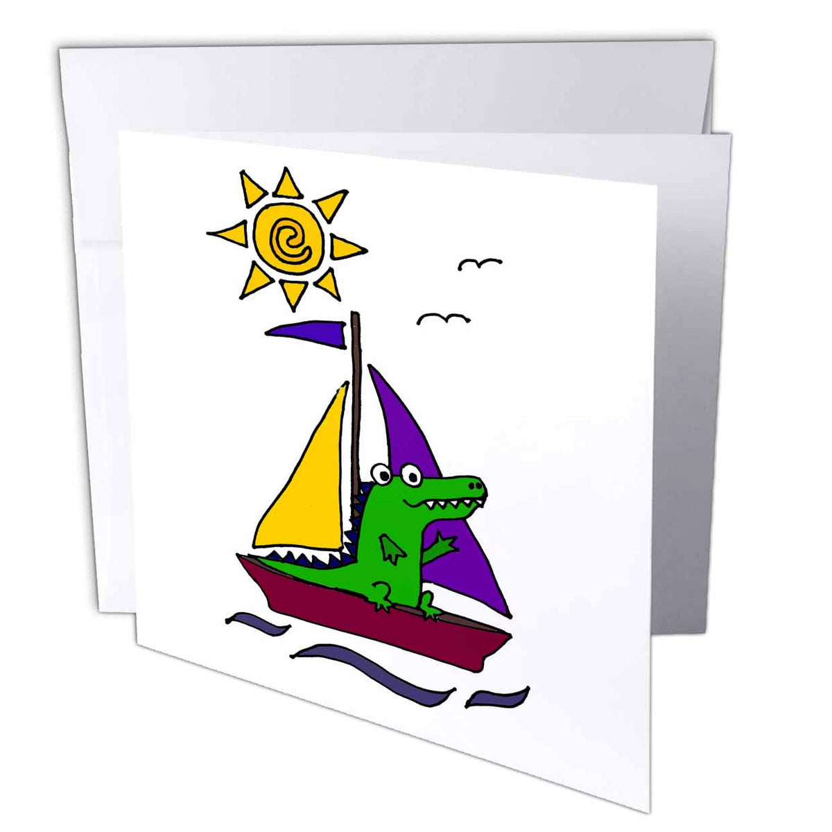 All Smiles Art Sports and Hobbies - Funny Alligator Sailing on Colorful Sailboat - Greeting Cards