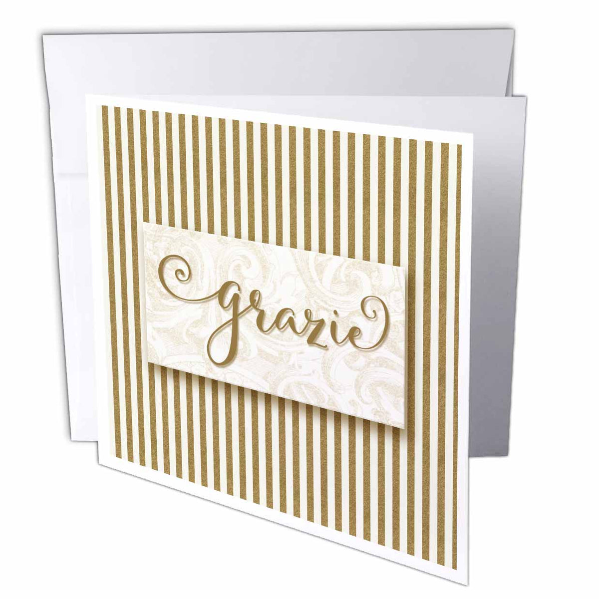 3dRose Doreen Erhardt Sentiments - Grazie Italian Language Thank You with Golden Stripes and Linen White - Greeting Cards (gc_245323)