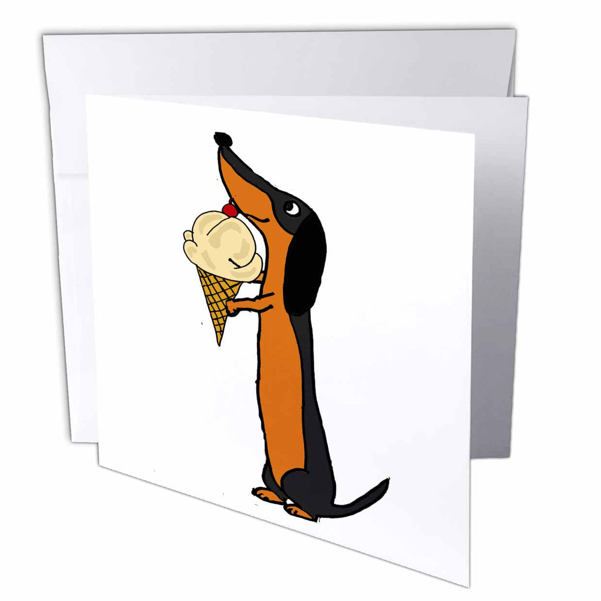 3dRose All Smiles Art Pets - Funny Cute Dachshund Puppy Dog Eating Ice Cream Cone - Greeting Cards