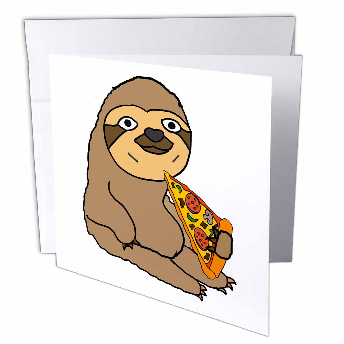 3dRose All Smiles Art Funny - Funny Cute Sloth Eating Pizza Slice - Greeting Cards